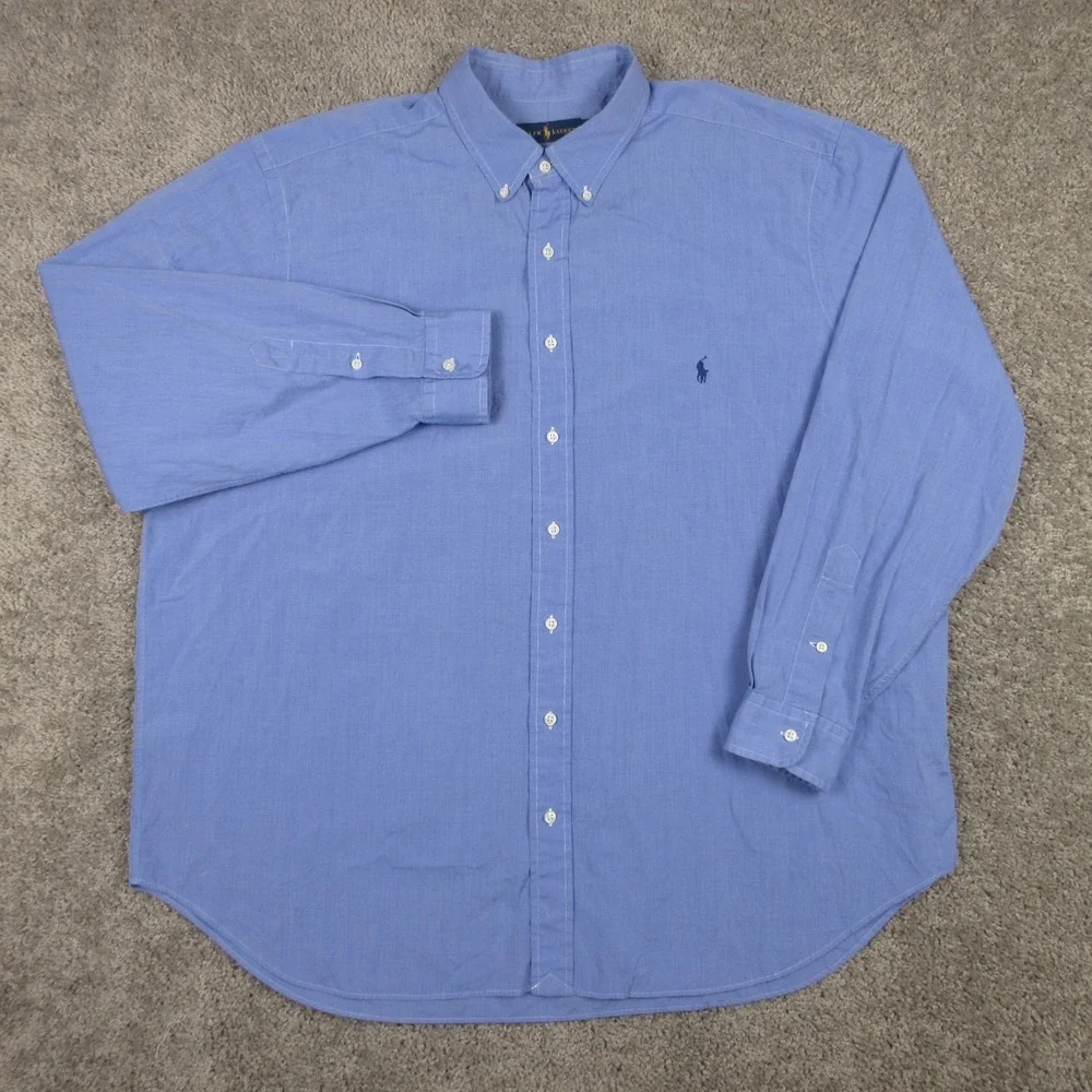Polo Ralph Lauren Shirt Mens 2XB Blue Solid Pony Logo Office Casual Button Up